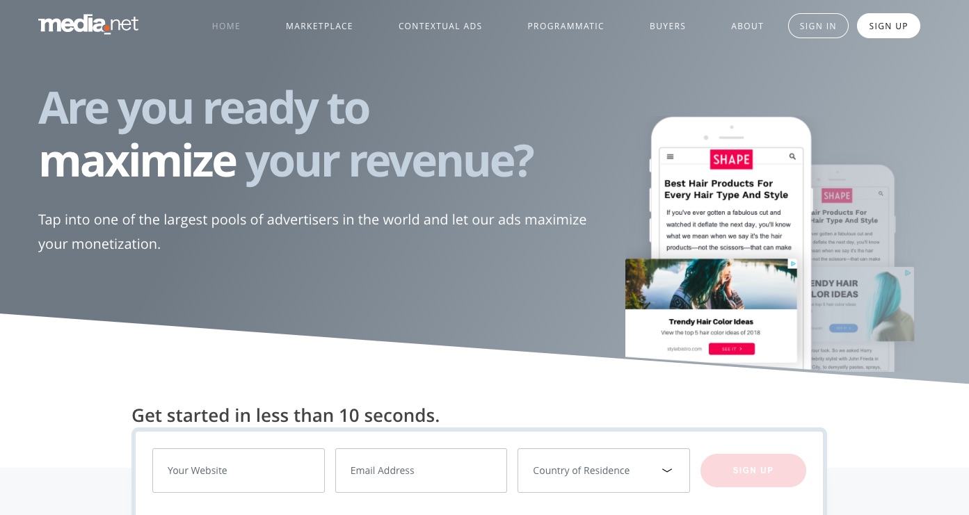 Media.net homepage: Are you ready to maximize your revenue?