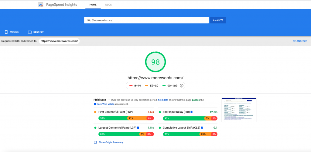 Screenshot of Example PageSpeed Insights