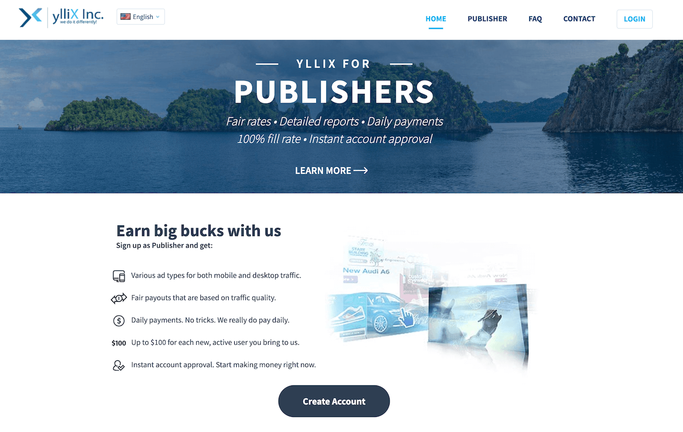 ylliX homepage: ylliX for publishers - Fair rates, Detailed reports, Daily payments 100% fill rate, Instant account approval