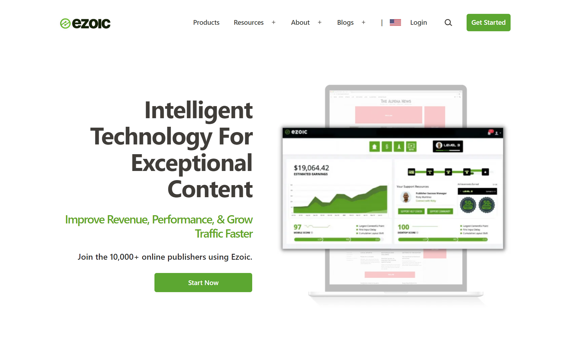 Ezoic homepage: Intelligent Technology for Exceptional Content