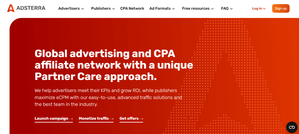 Adsterra homepage: Global advertising and CPA affiliate network with a unique Partner Care approach.