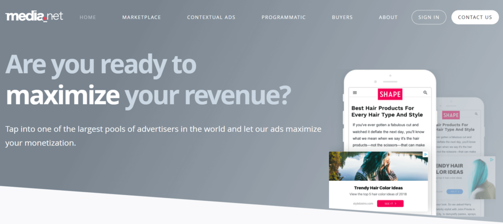 Media.net homepage: Are you ready to maximize your revenue?