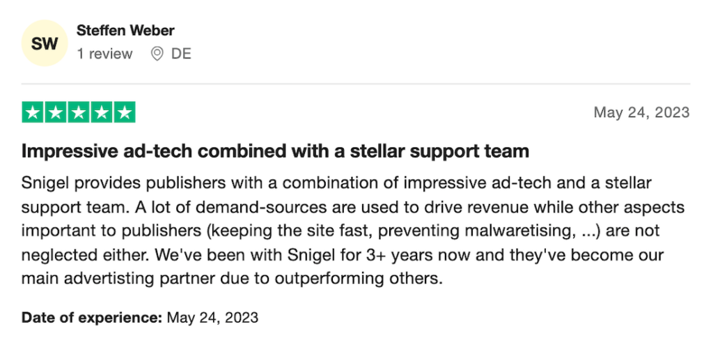 Snigel review on Trustpilot: Steffen Weber - Impressive ad-tech combined with a stellar support team