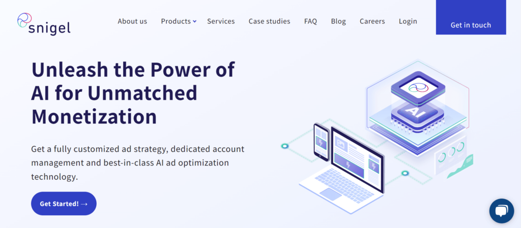 Snigel homepage: Unleash the Power of AI for Unmatched Monetization