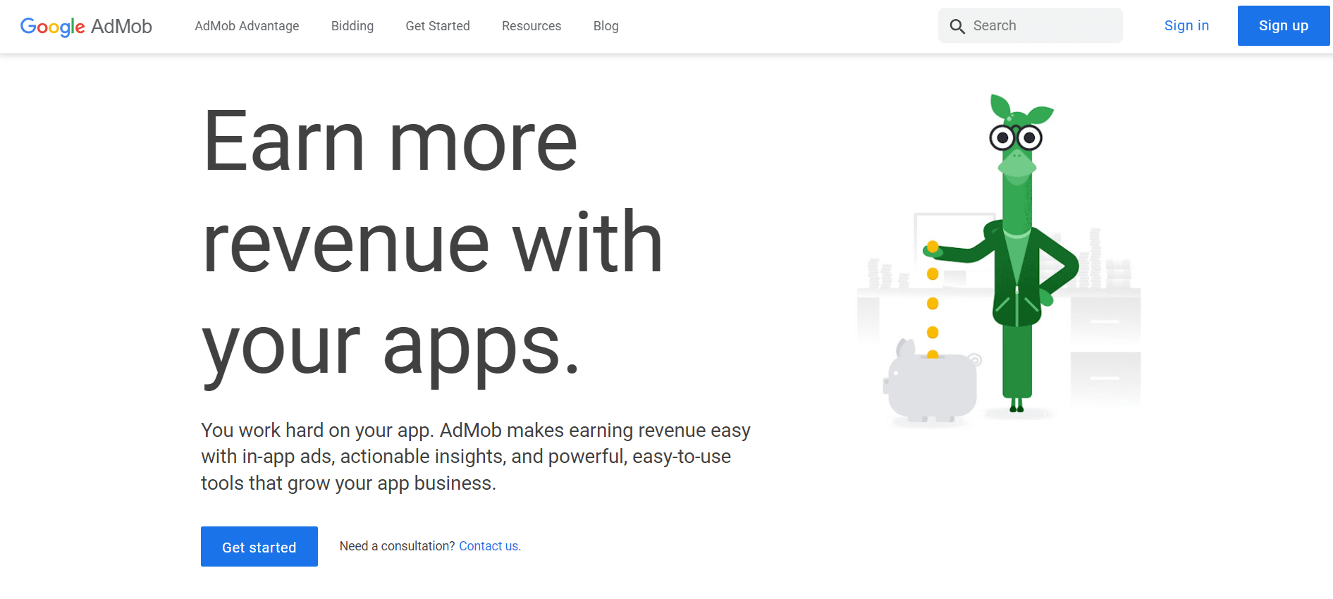 Google AdMob homepage: Earn more revenue with your apps.